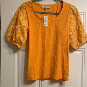 LOFT Vibrant Orange Blouse with Puff Sleeves